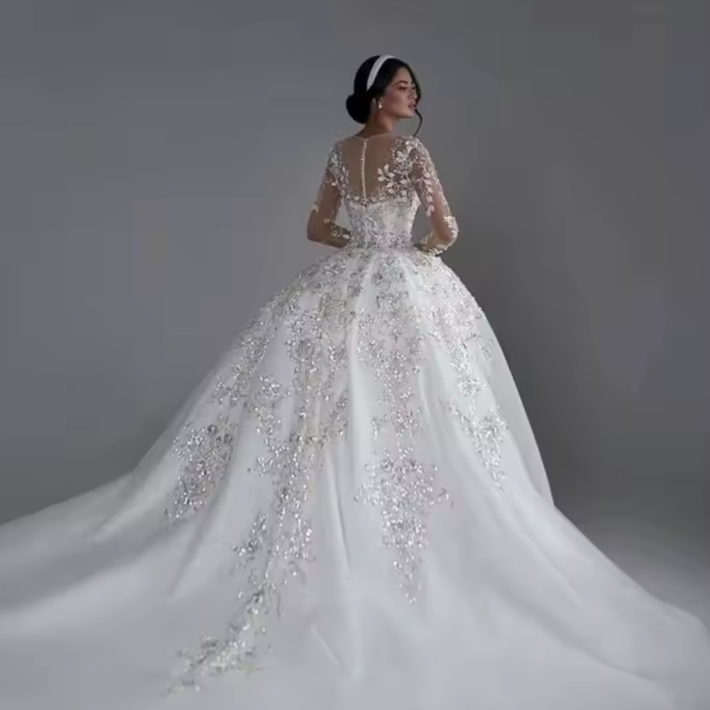 Custom Made White Princess Ball Gown Wedding Dress – Long Sleeves, Sequined Beading & Royal Train