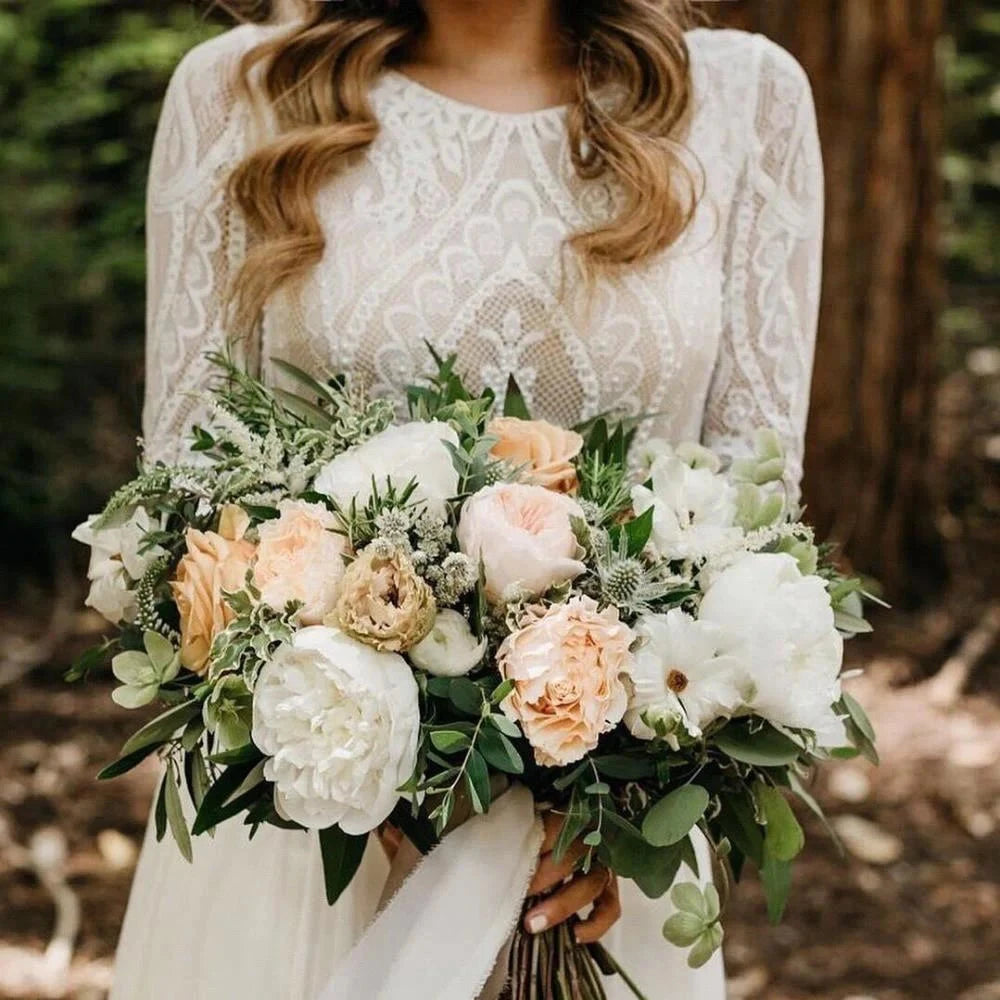Boho Wedding Dress | Backless Long Sleeve A-Line Lace Chiffon Beach Bridal Gown | Rustic Robe de Mariage