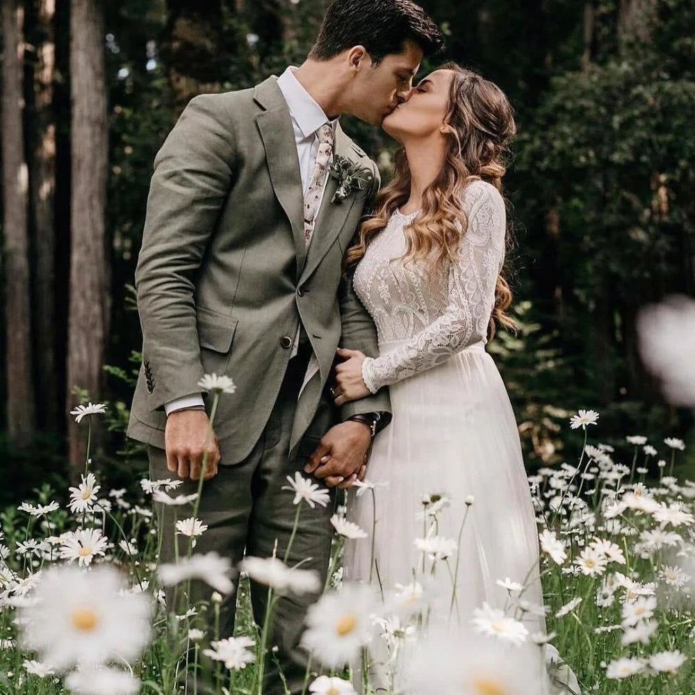 Boho Wedding Dress | Backless Long Sleeve A-Line Lace Chiffon Beach Bridal Gown | Rustic Robe de Mariage