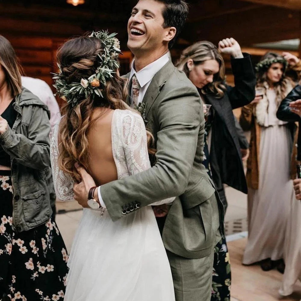 Boho Wedding Dress | Backless Long Sleeve A-Line Lace Chiffon Beach Bridal Gown | Rustic Robe de Mariage