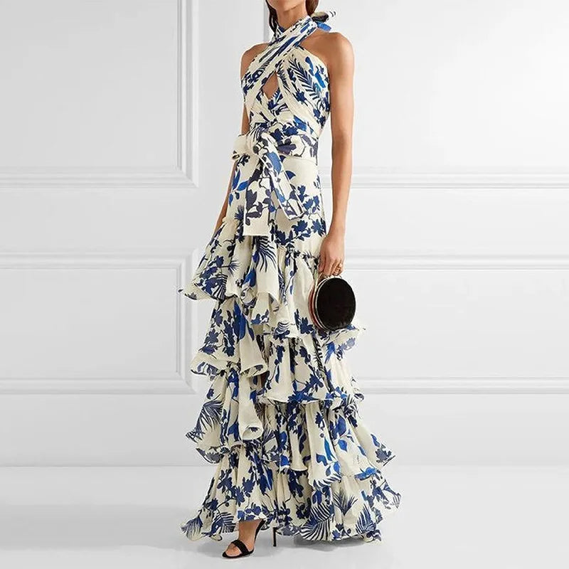2025 Elegant Summer Halter Maxi Dress  -  Printed Empire Waist with Ruffles & Lace Detail