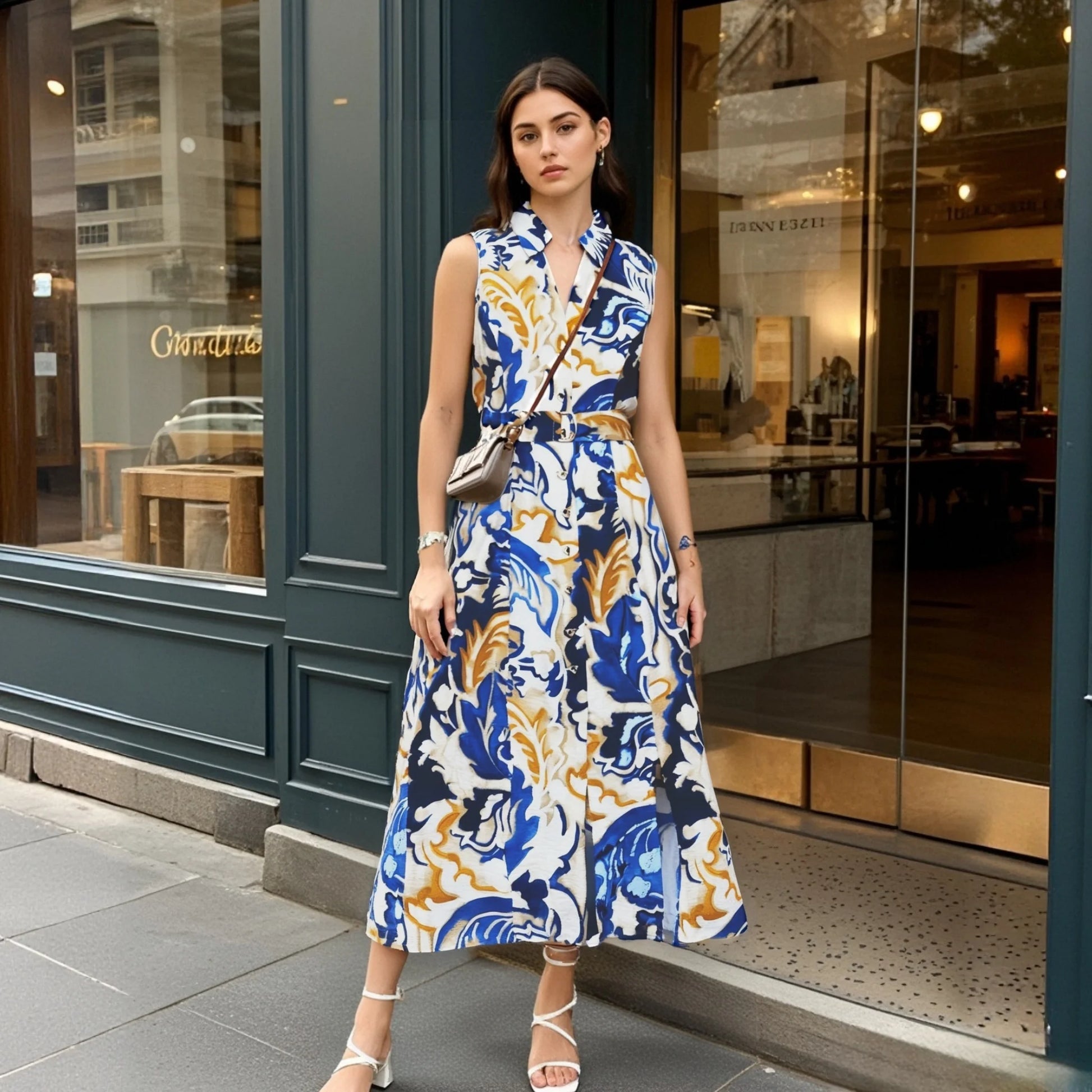 2025 Sleeveless Collared Maxi Dress  -  Belted Waist & Bold Abstract Print