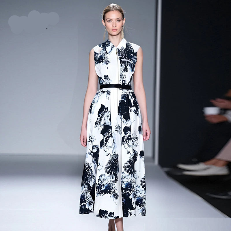 2025 Summer Sleeveless Midi Shirt Dress  -  Elegant Print with Lapel Collar & Sash