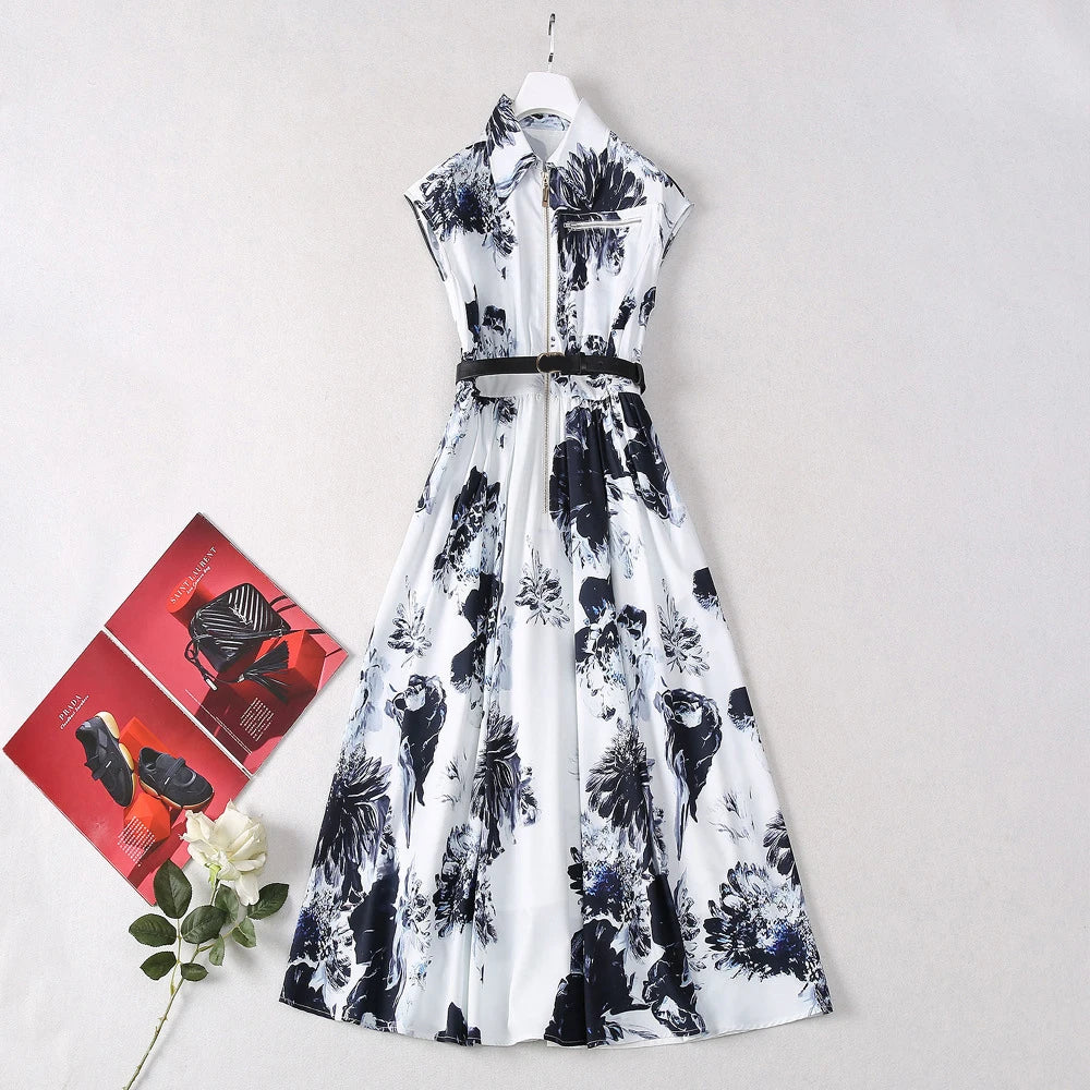 2025 Summer Sleeveless Midi Shirt Dress  -  Elegant Print with Lapel Collar & Sash