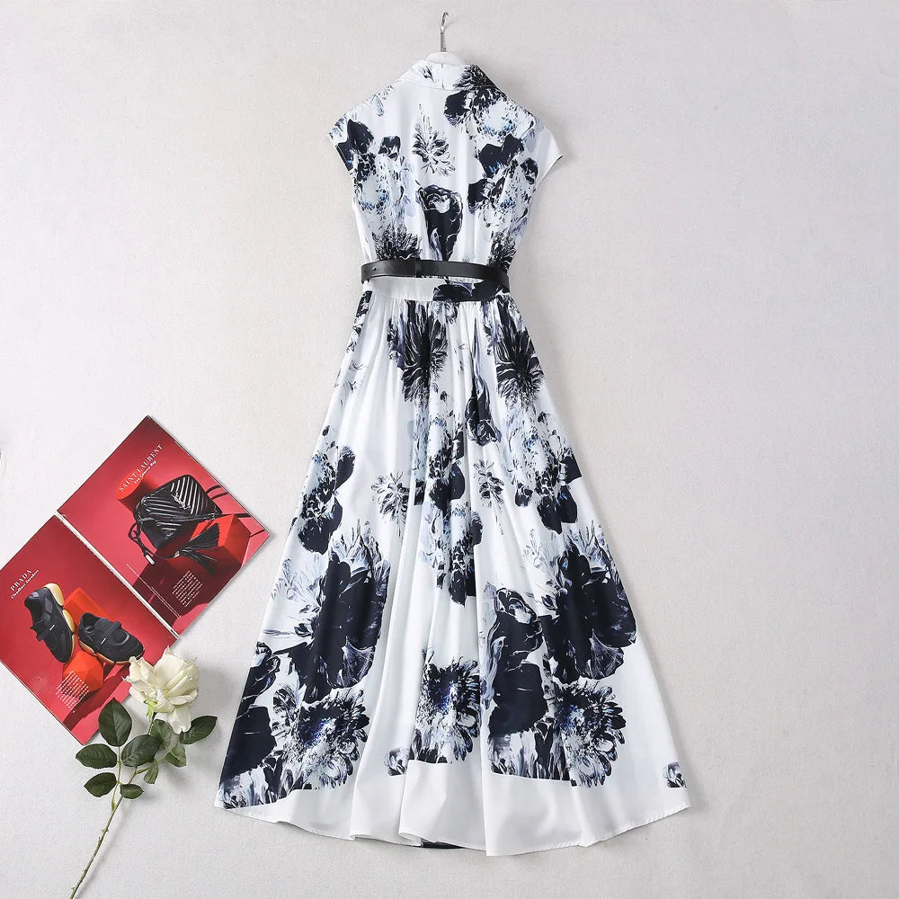 2025 Summer Sleeveless Midi Shirt Dress  -  Elegant Print with Lapel Collar & Sash
