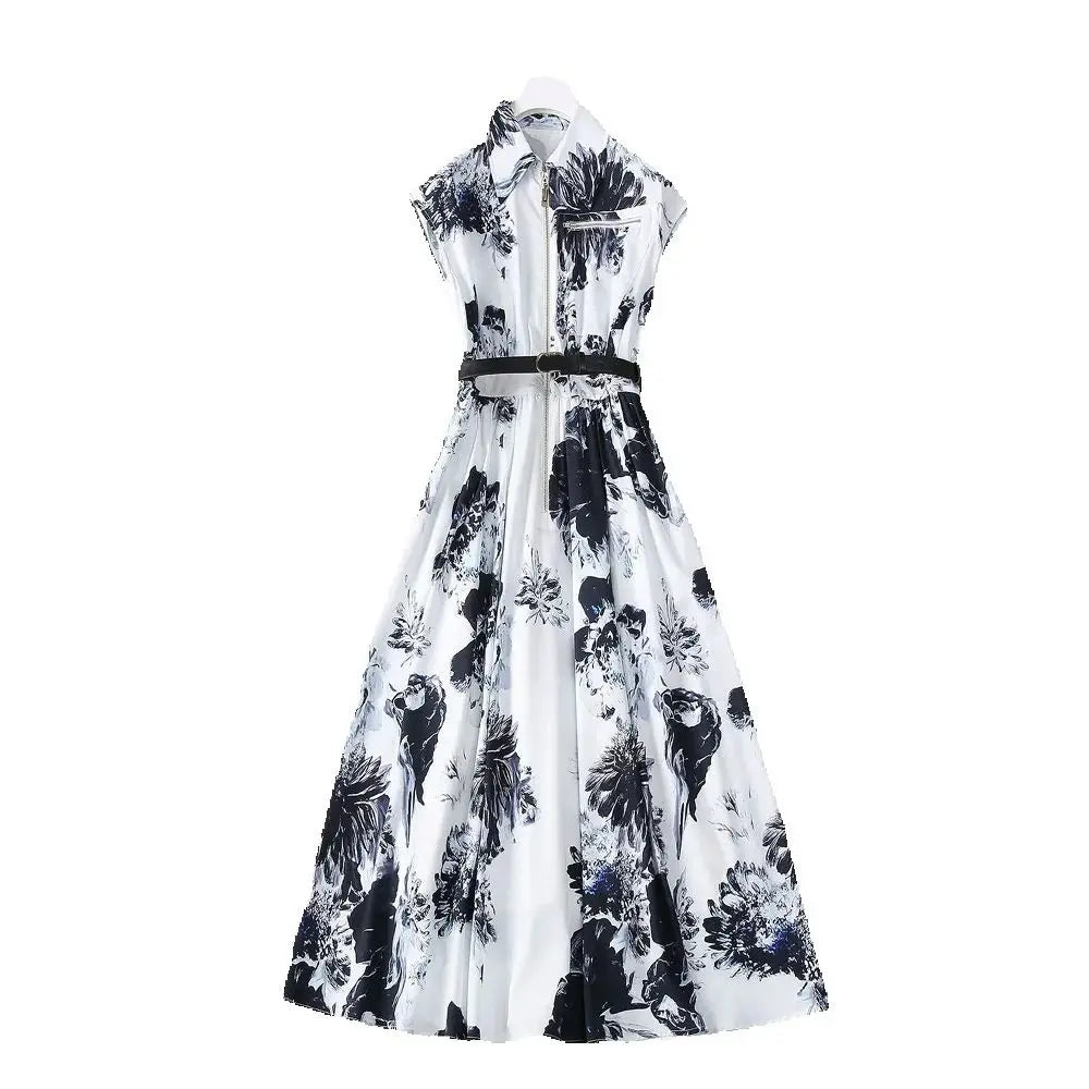 2025 Summer Sleeveless Midi Shirt Dress  -  Elegant Print with Lapel Collar & Sash