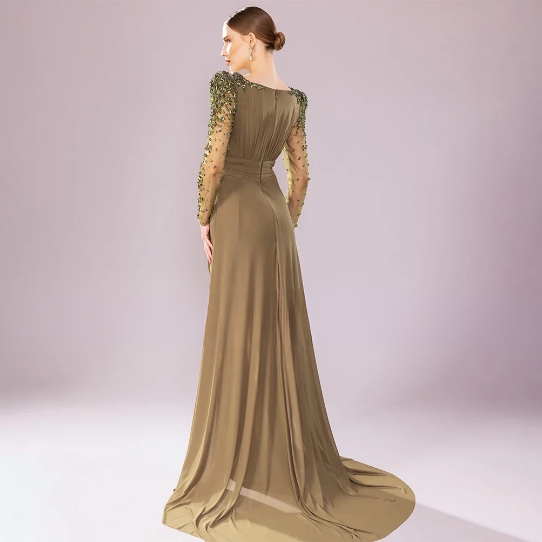 Luxury Green Chiffon Evening Gown  -  Crystal Long Sleeve Column Dress with Side Split | Mother of the Bride or Formal Party Look