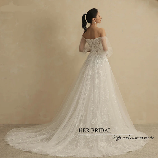 Customized Shinny Glittle A Line Skirt Wedding Dress For Women With Puff Sleeves Sexy Sweetheart Lace Bridal Gown - HER SHOP®