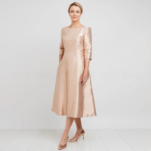 Elegant Bateau Neck A-Line Mother of the Bride Dress – Tea-Length 3/4 Sleeve Wedding Guest Dress for Women - HER SHOP®