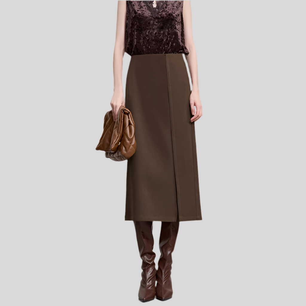 Minimalist Women's Brown Midi Skirt  |  2025 Autumn Retro Brushed Twill Side Slit Office Lady Skirt