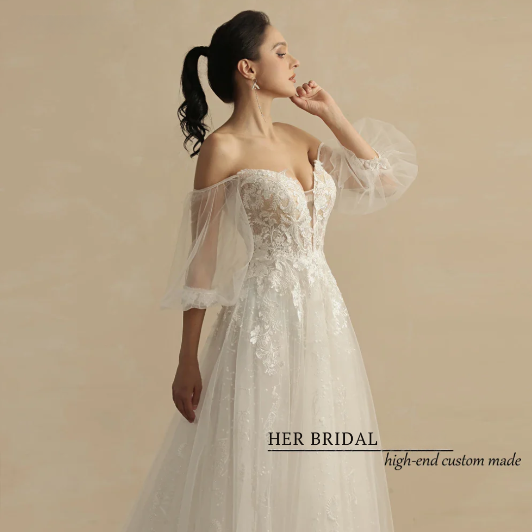 Customized Shinny Glittle A Line Skirt Wedding Dress For Women With Puff Sleeves Sexy Sweetheart Lace Bridal Gown