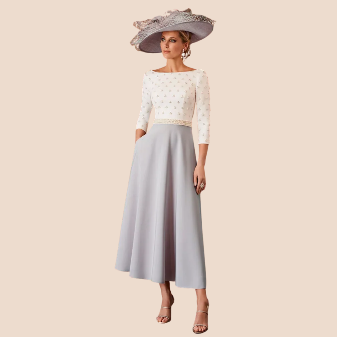 Luxury Tea-Length Mother of the Bride Dress – Elegant Midi A-Line Gown with 3/4 Sleeves for Weddings & Formal Events