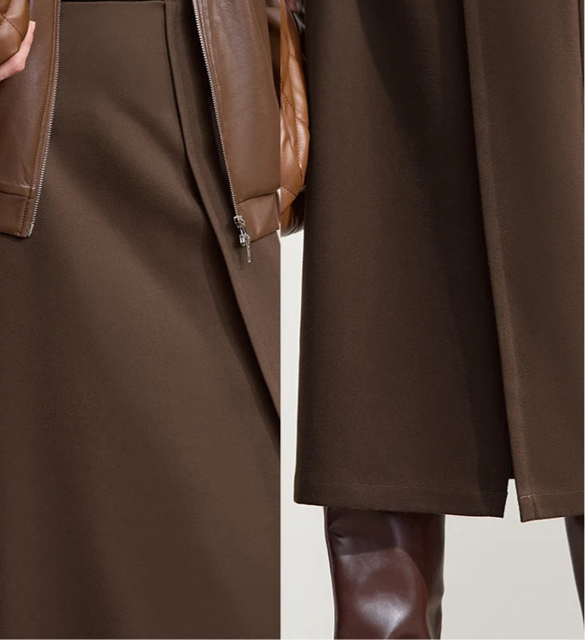 Minimalist Women's Brown Midi Skirt  |  2025 Autumn Retro Brushed Twill Side Slit Office Lady Skirt