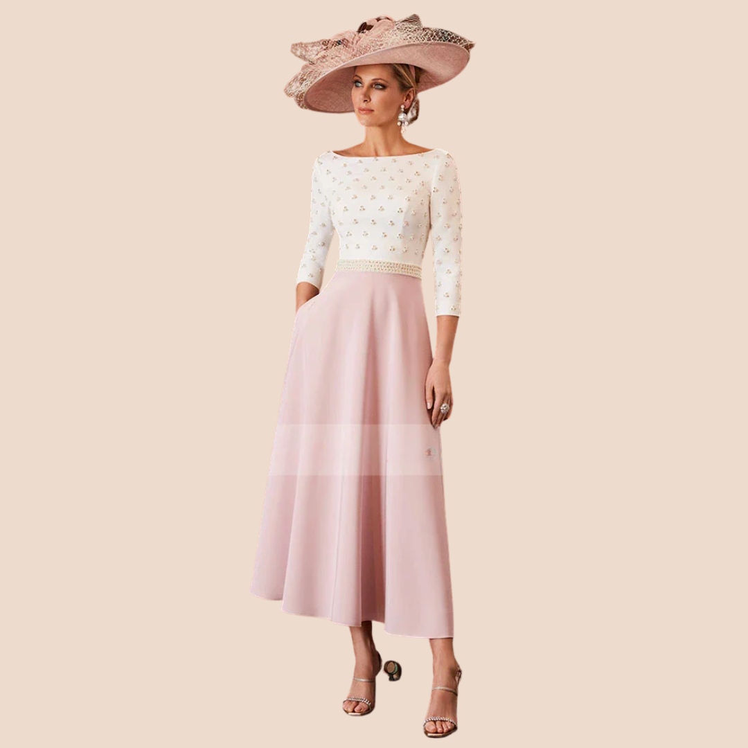 Luxury Tea-Length Mother of the Bride Dress – Elegant Midi A-Line Gown with 3/4 Sleeves for Weddings & Formal Events