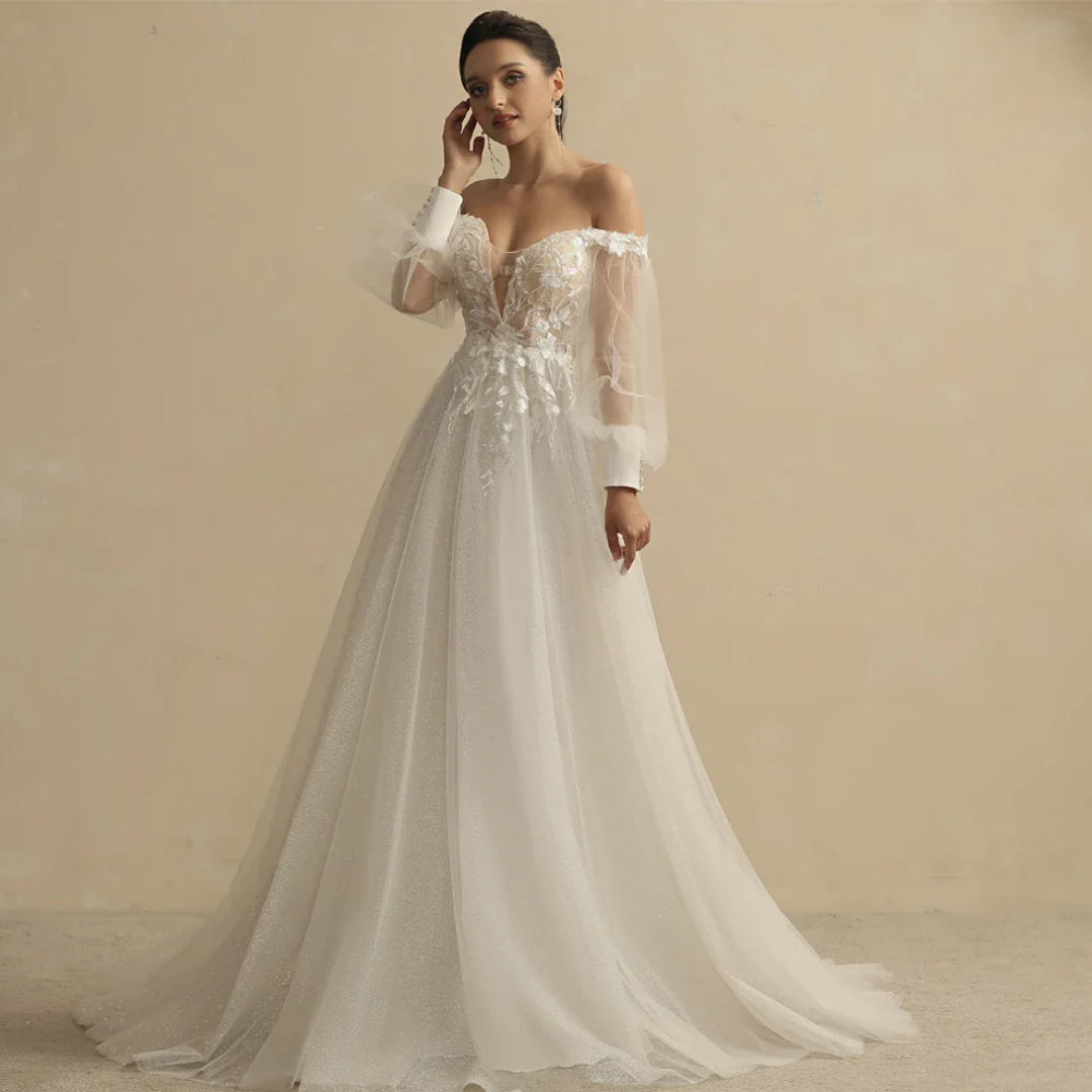 Customized Boho Wedding Dresses for Women  |  Deep V-Neck Full Sleeves A-Line Glitter Bridal Gown with Sweep Train