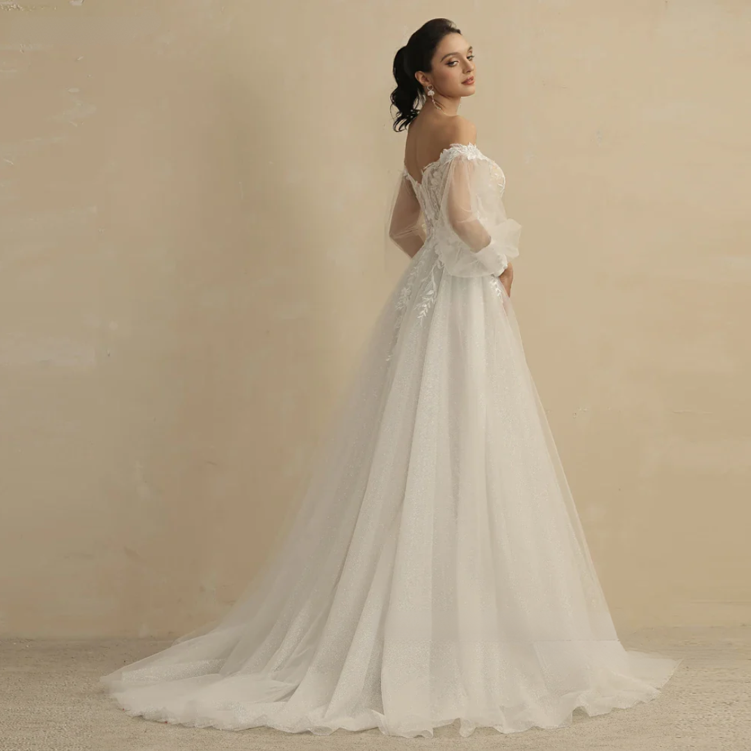 Customized Boho Wedding Dresses for Women – Deep V-Neck Full Sleeves A-Line Glitter Bridal Gown with Sweep Train
