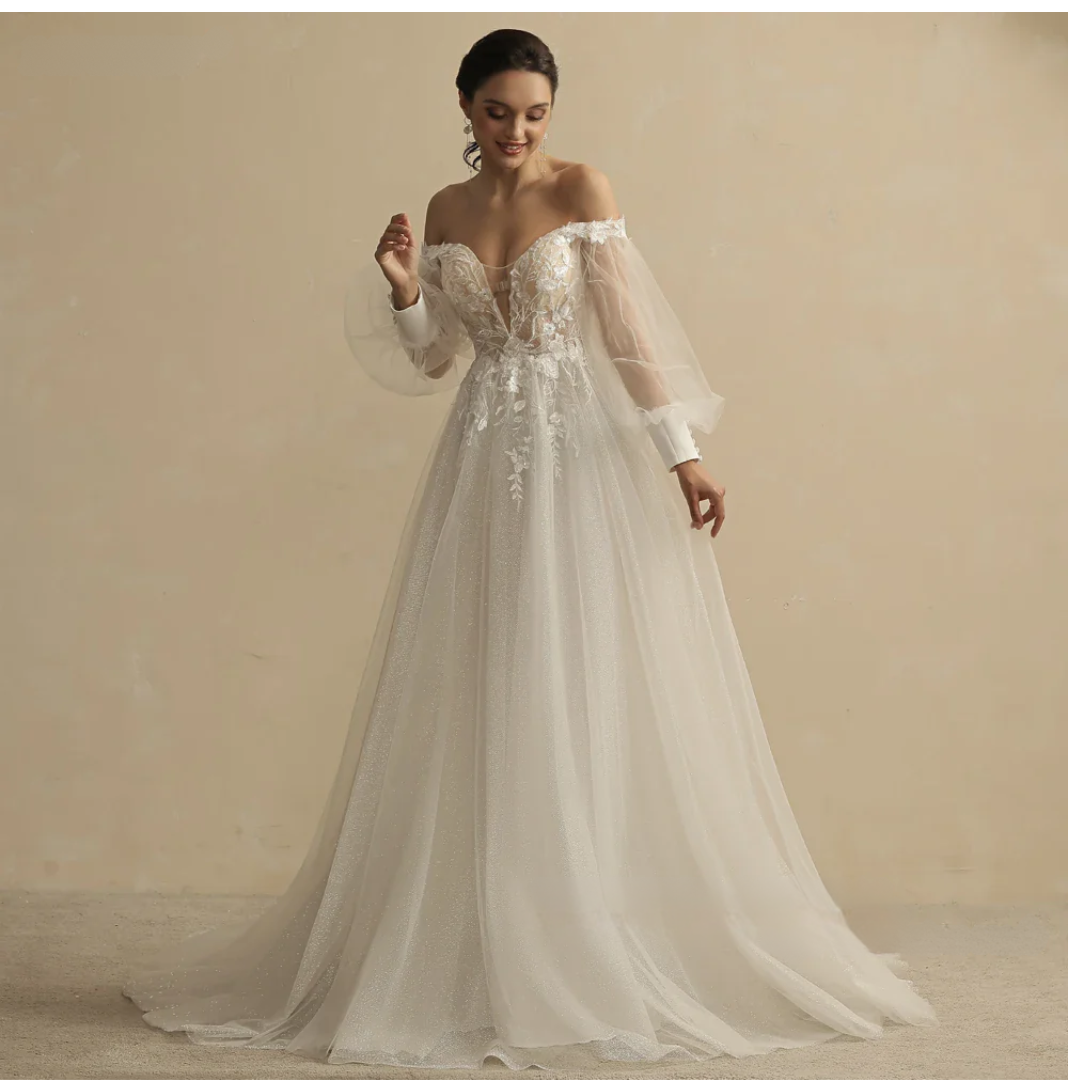 Customized Boho Wedding Dresses for Women – Deep V-Neck Full Sleeves A-Line Glitter Bridal Gown with Sweep Train