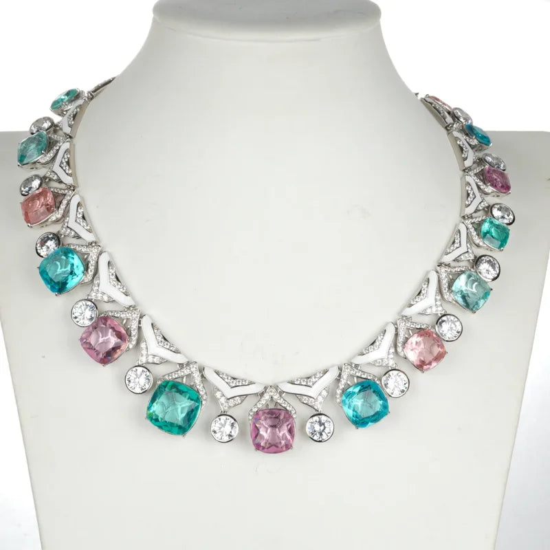 925 Sterling Silver Full Zircon Necklace Colorful Synthetic Stones | GDTC Certified | Customizable Trendy Jewelry for Women
