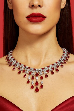925 Sterling Silver Luxury Elegant Waterdrop Synthetic Ruby and Diamond Gemstone Necklace Wedding & Party Jewelry for Women