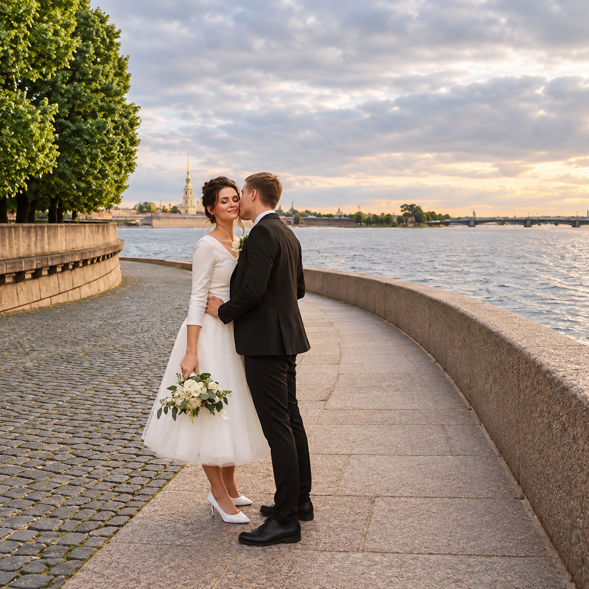 Bride wearing a tea-length A-line City Hall wedding dress with three-quarter sleeves and holding white flowers beside the waterfront