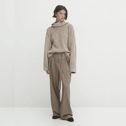 Ethereal MD 2023 Autumn Casual Slouchy High-Neck Short Knit with Color Line Design - HER SHOP