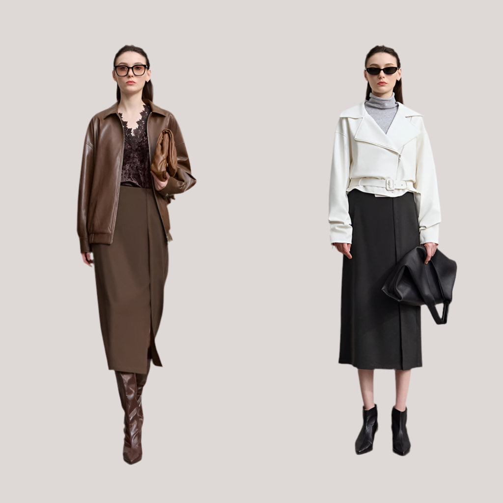 Minimalist Women's Brown Midi Skirt  |  2025 Autumn Retro Brushed Twill Side Slit Office Lady Skirt