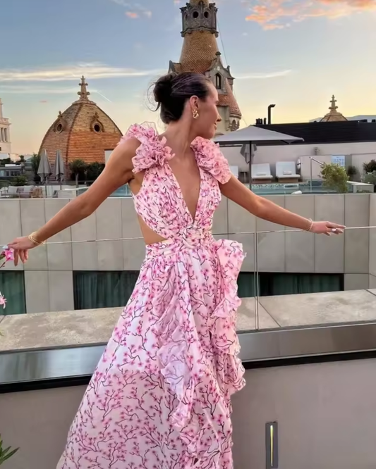 2025 New Women's Print Ruffle Hollow-Out Maxi Dress - Backless, Sleeveless, Lace-Up High Waist Split Beach Dress - HER SHOP®