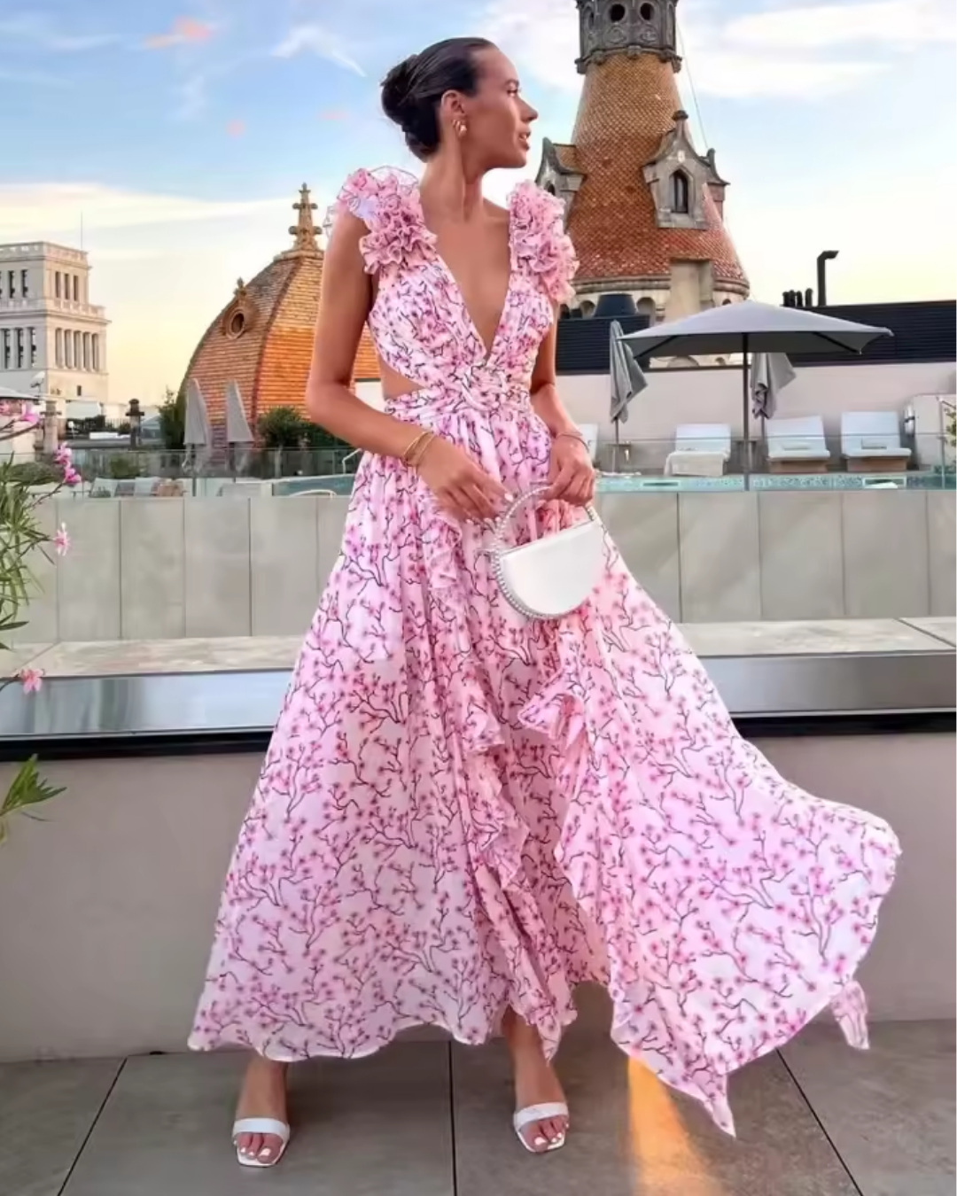 2025 New Women's Print Ruffle Hollow-Out Maxi Dress  -  Backless, Sleeveless, Lace-Up High Waist Split Beach Dress