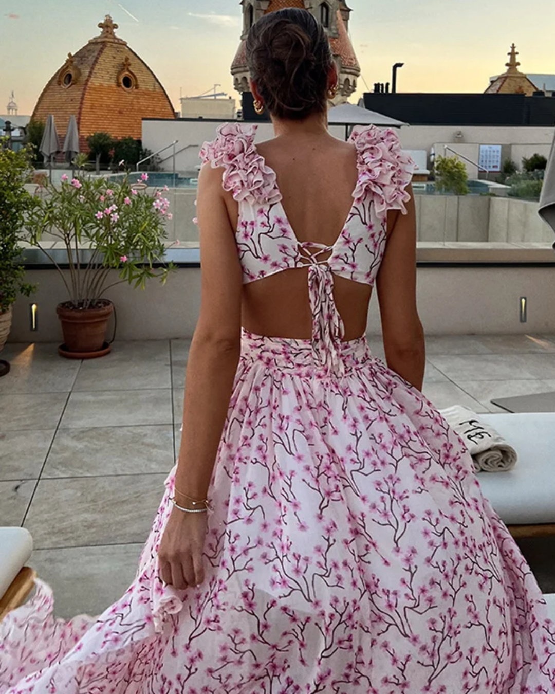 2025 New Women's Print Ruffle Hollow-Out Maxi Dress  -  Backless, Sleeveless, Lace-Up High Waist Split Beach Dress