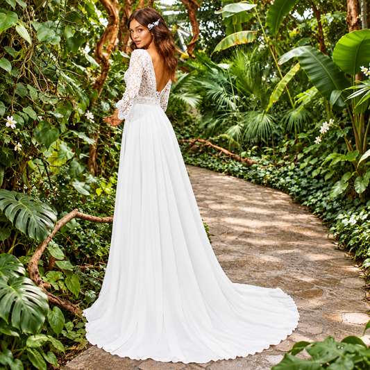 Bohemian Chiffon Long Sleeve Plus Size Wedding Dress – Flowy Romantic Design - HER SHOP®
