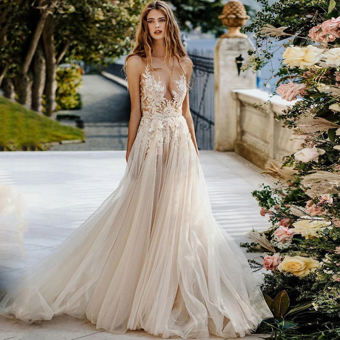Boho Bridal Gown - Deep V-Neck A-Line Evening Dress with Lace Appliqués