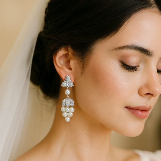 Pair of silver earrings with pearl drops on a black background - HER SHOP