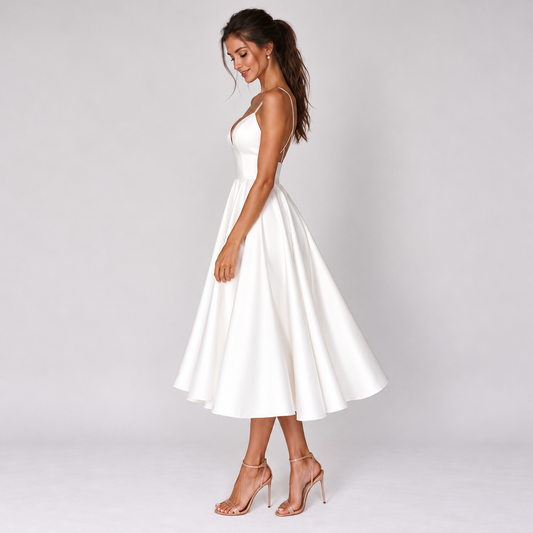 Short white satin beach wedding dress with A-line silhouette, front view - HER SHOP®