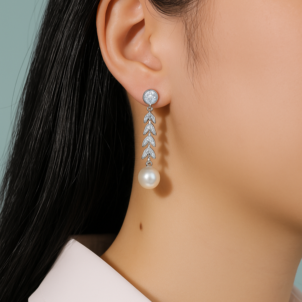Silver earrings with pearls and crystals on a White background, featuring the brand 'TYL'.