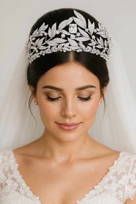 Cubic Zirconia Leaf Tiara - Bridal Crown Headband for Brides, Princess or Queen Style Wedding Hair Accessories - HER SHOP