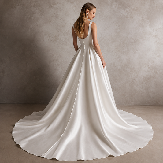 Custom Square-Neck A-Line Wedding Dress with Button Back and Court Train - HER SHOP®