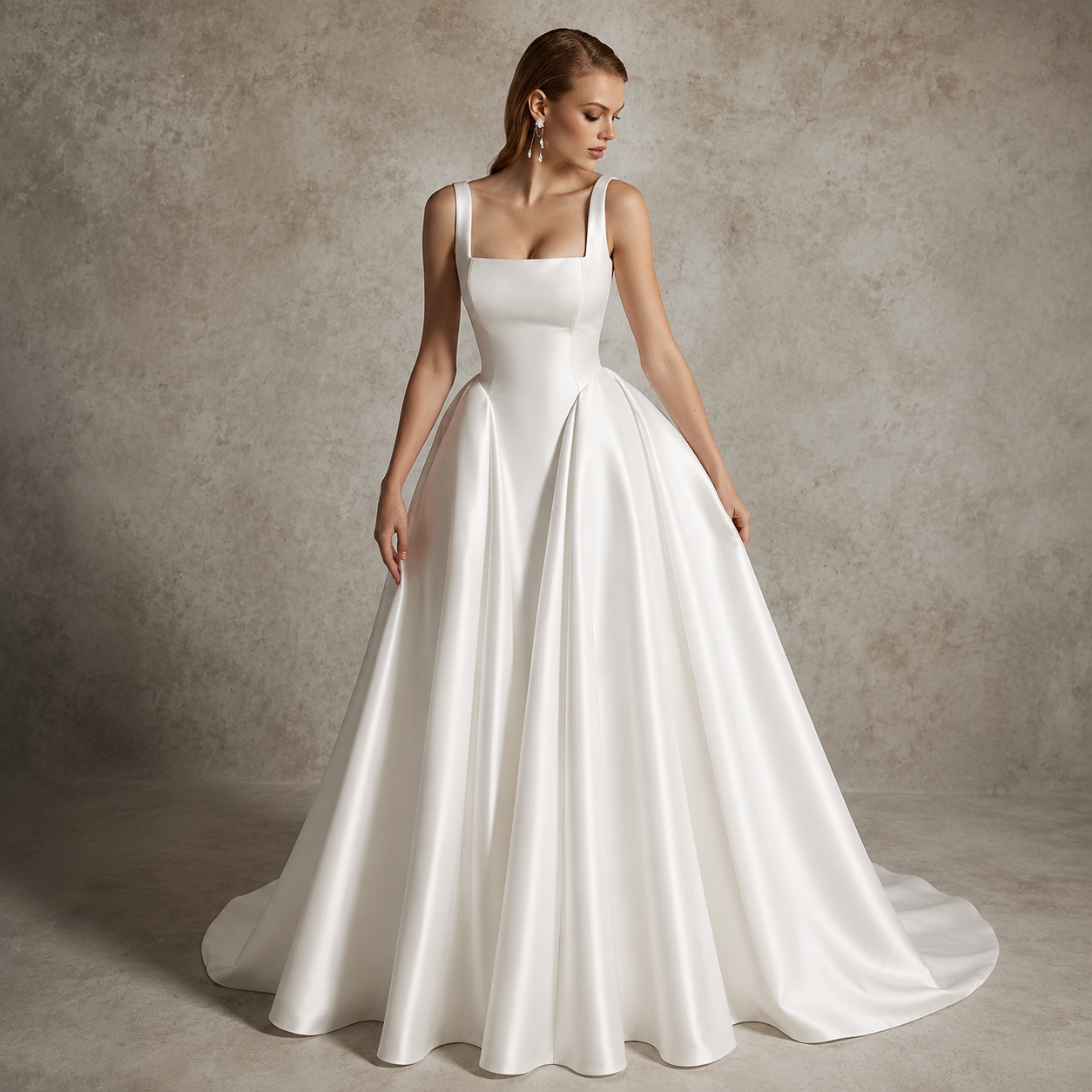 Custom Square-Neck A-Line Wedding Dress with Button Back and Court Train