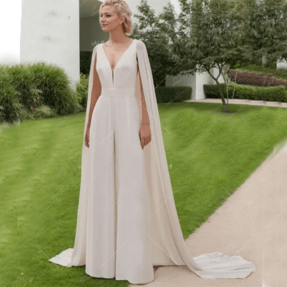 Chic Sexy Custom Made Ivory Wedding Jumpsuit with Cape – V-Neck Bridal Pantsuit