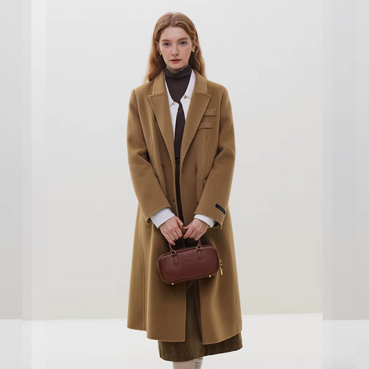 Her Shop 100% Wool Long Coffee Woolen Peacoat - HER SHOP