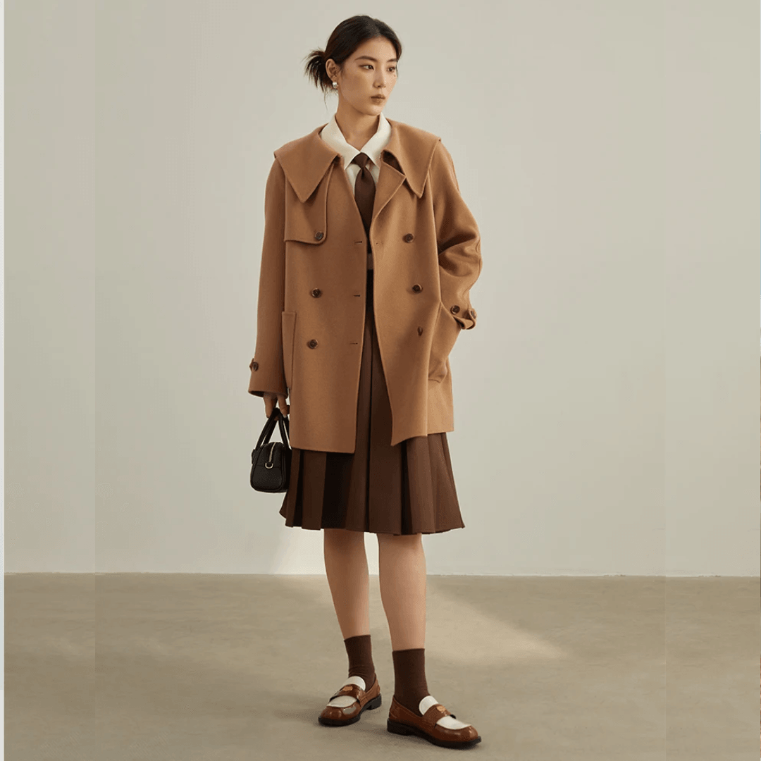 Women's Winter Double-Breasted Woolen Jacket – Short Loose Fit with Belt, Navy Collar, Office Lady Coat - HER SHOP