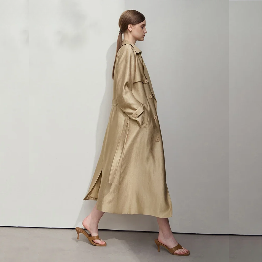 Minimalist Wide-Waist Trench Coat for Women  -  2025 Spring/Summer Long Double-Breasted Overcoat with Turn-Down Collar