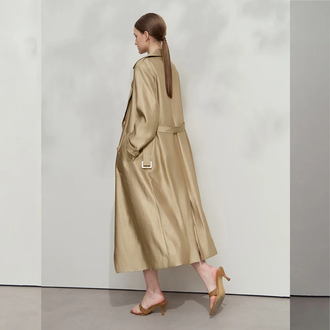Minimalist Wide-Waist Trench Coat for Women  -  2025 Spring/Summer Long Double-Breasted Overcoat with Turn-Down Collar