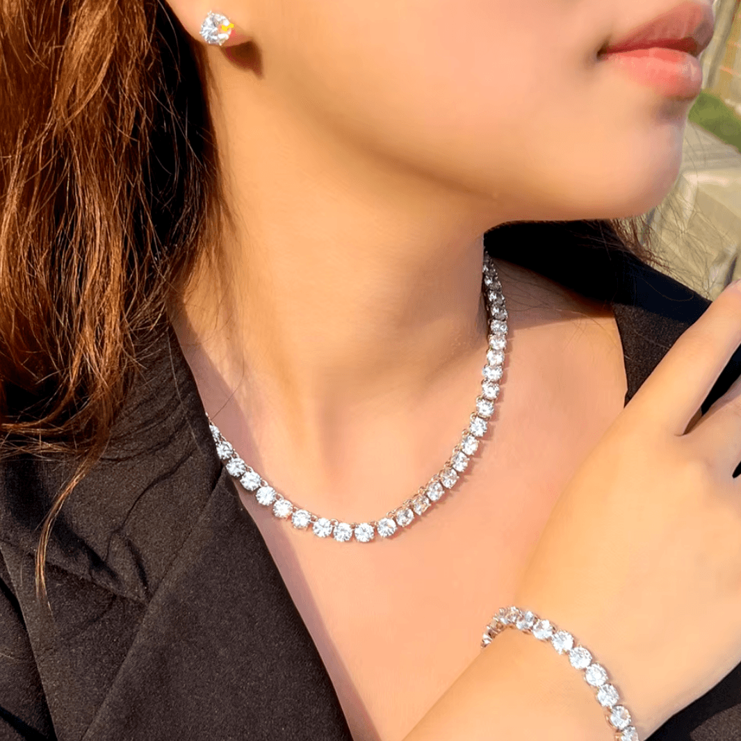 Shiny White CZ Crystal Tennis Wedding Jewelry Set – Choker Necklace, Earrings, and Bracelet (3-Piece Set)