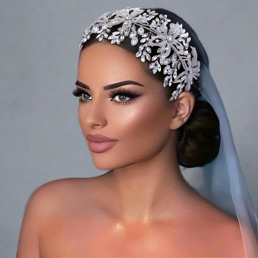 Crystal Wedding Headband | Floral Bridal Headpiece | Bride Tiara Hair Accessories for Wedding & Party
