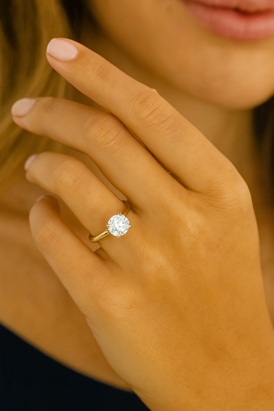 Custom Elegant Three-Stone Synthetic Diamond Engagement Ring in 18K Gold with Tapered Baguette Side Stones for Women - HER SHOP®