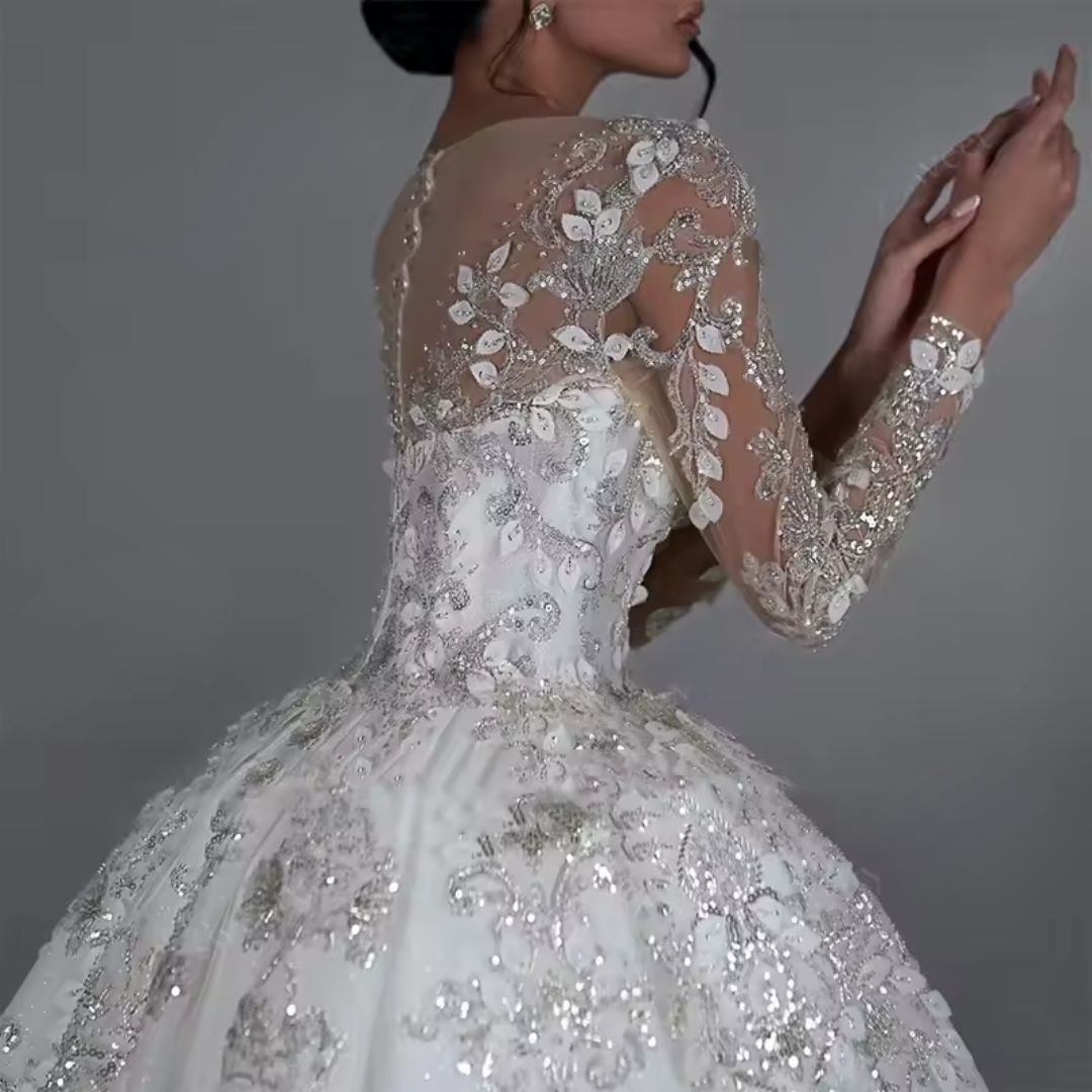 Custom Made White Princess Ball Gown Wedding Dress – Long Sleeves, Sequined Beading & Royal Train