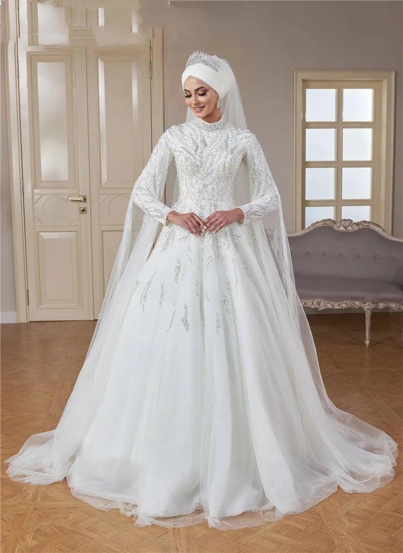 Luxury High Neck Wedding Dress Full Sleeve Sequin Kaftan Style Bridal Gown