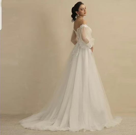 Customized Boho Wedding Dresses for Women | Deep V-Neck Full Sleeves A-Line Glitter Bridal Gown with Sweep Train - HER SHOP®