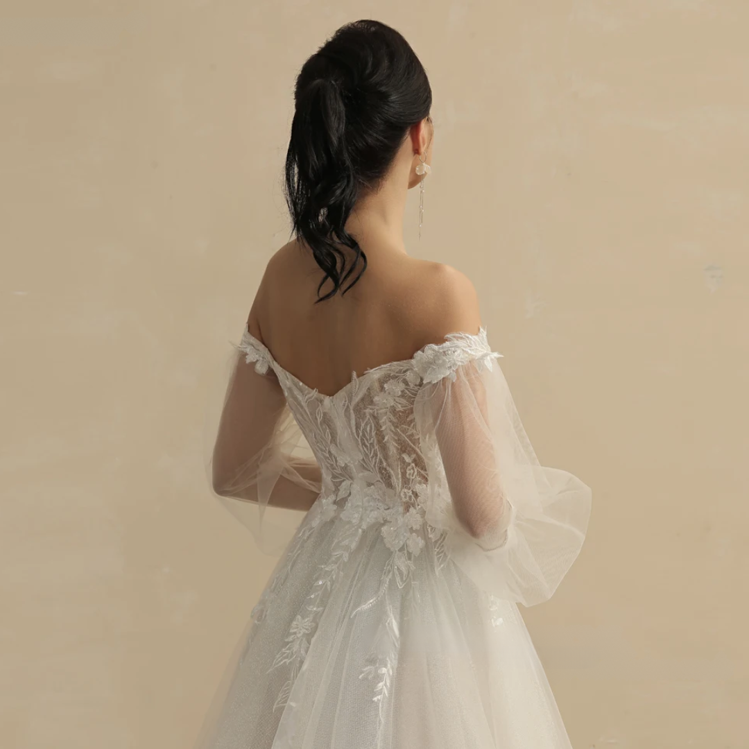 Customized Boho Wedding Dresses for Women | Deep V-Neck Full Sleeves A-Line Glitter Bridal Gown with Sweep Train