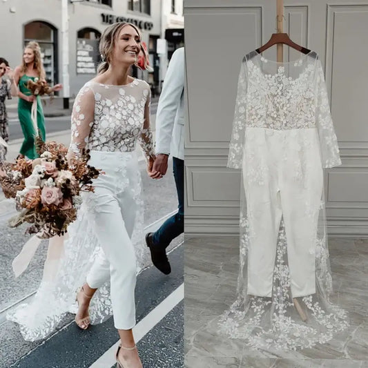 Customized Long-Sleeve Floral Lace Backless Wedding Dress Jumpsuit with Sweep Train - HER SHOP®